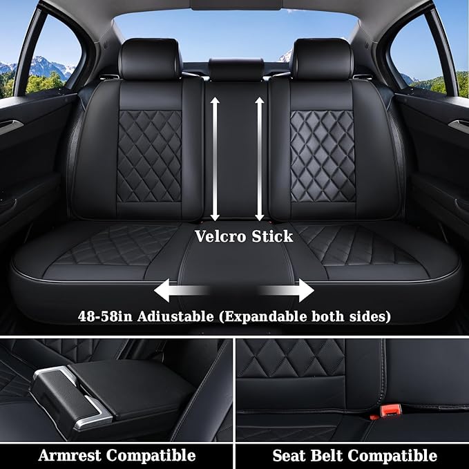 Coverado Car Seat Covers Full Set, Front and Back Seat Covers for Cars, Luxury Faux Leather Waterproof Seat Covers, Black Car