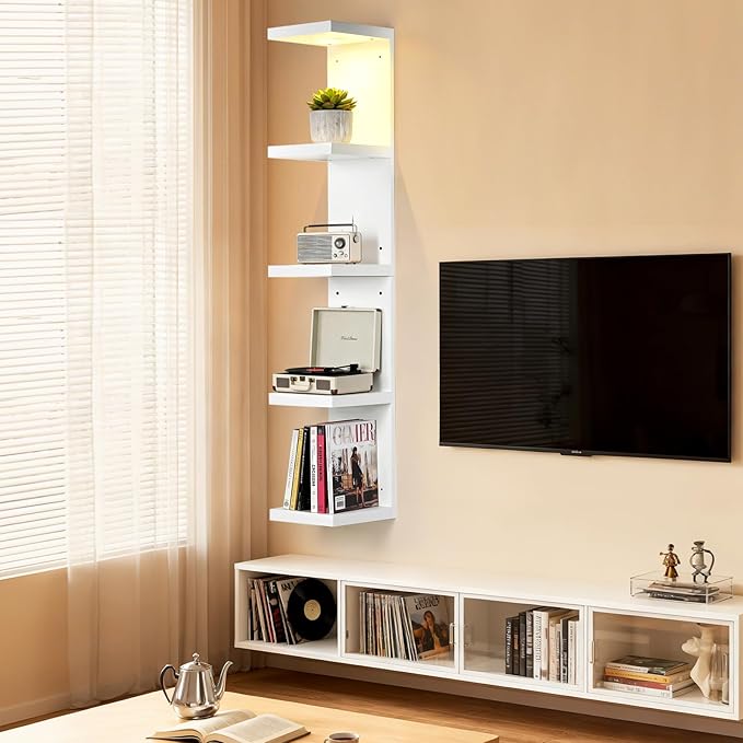 Garvee 5-Tier Heavy Duty Wall Mounted LED Floating Shelves, Remote Control Storage Shelf for Home Office Collectibles Books D