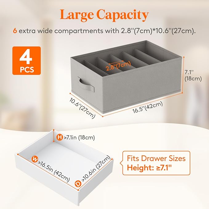 Lifewit 4 Pack Clothes Organizer, 6 Grids Closet Jean Storage Bins with Handles and Support Boards, Foldable Drawer Organizer