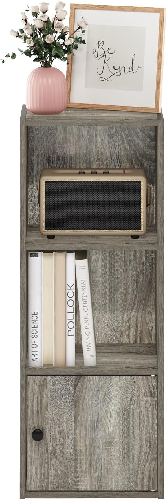 Furinno LUDER Book Shelf, 3-Tier Modern Bookshelf, Bookcase with 1 Door Storage Cabinet, 9.3 x 12 x 31.5, for Organization an