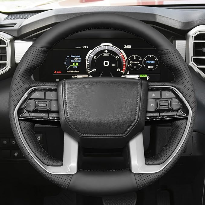 MEWANT Hand Stitch Black Genuine Leather Steering Wheel Cover Wrap for Toyota Tacoma 2024 Tundra 2022-2024 Sequoia 2024