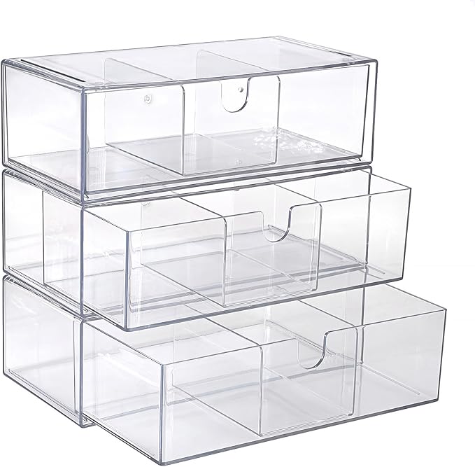 Hipiwe Acrylic Storage Drawers 3-Tier Stackable Bathroom Makeup Organizer Cotton Swabs Qtip Holder for Vanity Cosmetics Clear