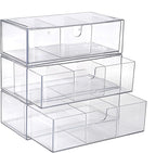 Hipiwe Acrylic Storage Drawers 3-Tier Stackable Bathroom Makeup Organizer Cotton Swabs Qtip Holder for Vanity Cosmetics Clear