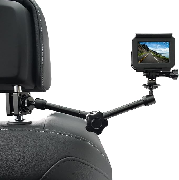 Car Headrest Camera Mount for GoPro/Insta 360/DJI OSMO/AKASO/Video/DSLR, 1.57 inch Diameter Base 10 inch Length Magic Arm, Aluminum Alloy Adjustable Camera Holder, Black