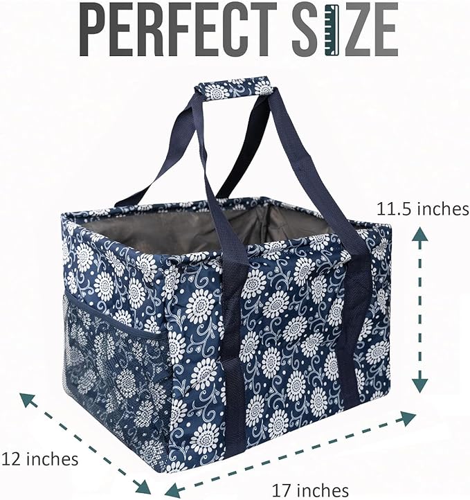 Extra Large Utility Tote Bag - Oversized Collapsible Tote with Wire Frame, Durable Reusable for Beach, Groceries, Laundry, Car Trunk, Storage and Travel - includes 5x7 Bag with Hook - Navy Floral