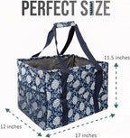 Extra Large Utility Tote Bag - Oversized Collapsible Tote with Wire Frame, Durable Reusable for Beach, Groceries, Laundry, Car Trunk, Storage and Travel - includes 5x7 Bag with Hook - Navy Floral