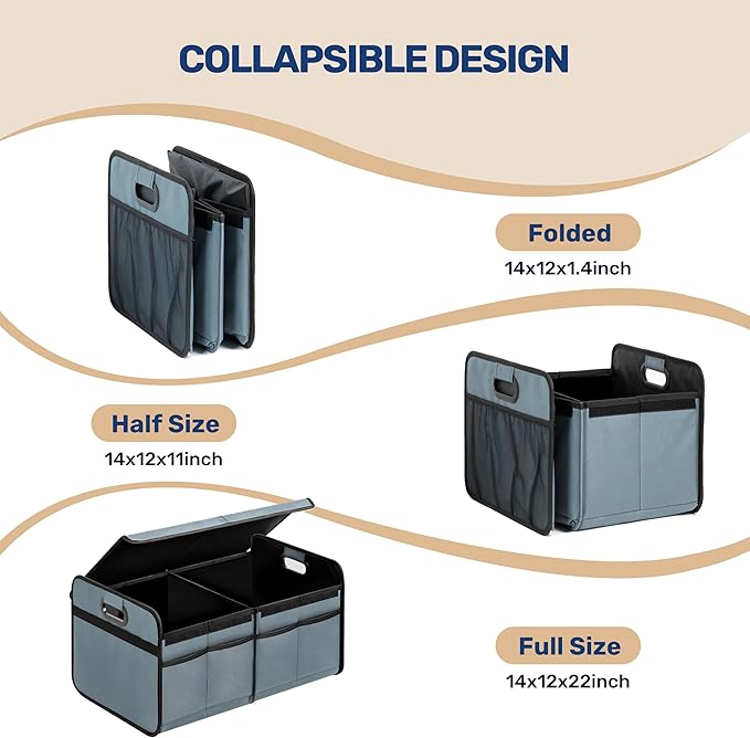 YSSOA Car Trunk Organizer with Lid, Collapsible 2 Compartment Automotive Storage Box, 600D Waterproof Oxford Polyester 50L