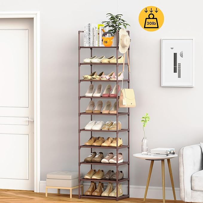 Tall 10 Tier Shoe Rack - 20-24 Pair Storage, Sturdy Metal Shoe Organizer with Hooks for Closet, Entryway, Brown