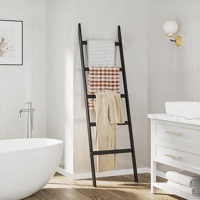 Blanket Ladder Towel Racks For Bathroom 5 Layers Towel Holder 100% Bamboo Wood Sturdy Construction No Need Wall Drilling Quil