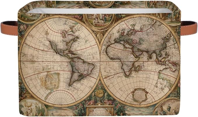 Globe Travel World Map Storage Basket Collapsible Cloth Storage Cube Basket Bins Organizer with Handles Rectangular Large Toy