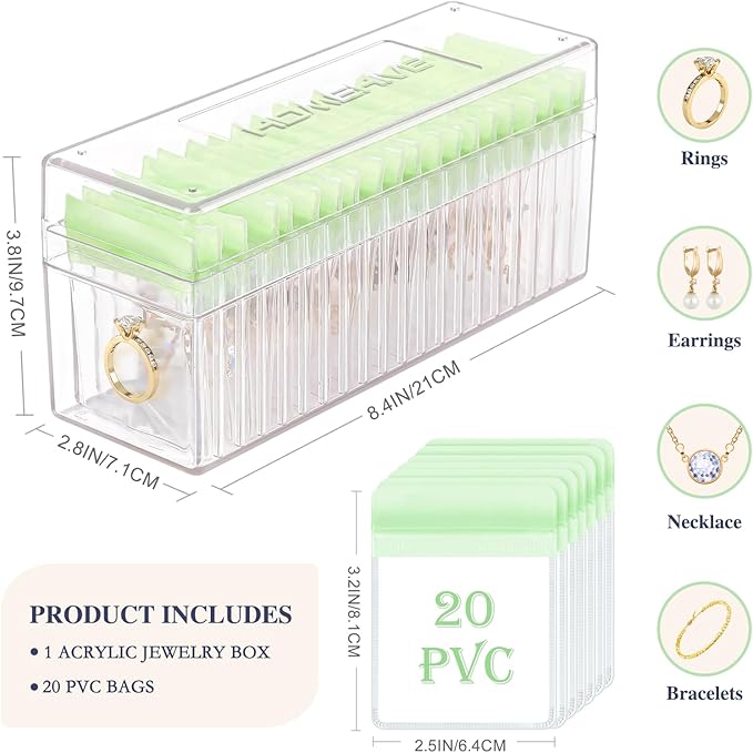 HOMEHIVE Acrylic Jewelry Box Organizer, Clear Jewelry Organizer Holder with 20 Portable Anti Tarnish Jewelry bags, Travel Jew