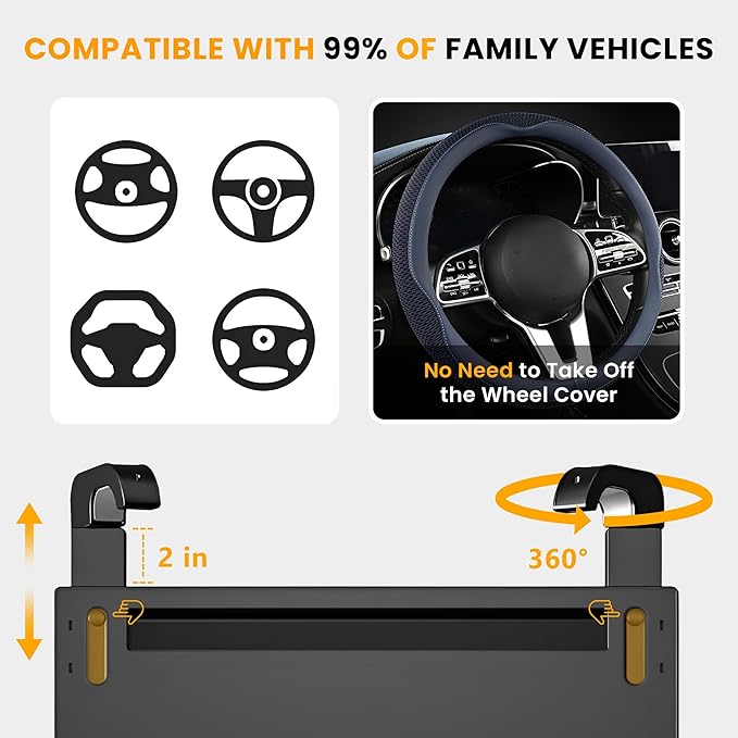 2-in-1 Extendable Steering Wheel Tray with Drawer Anti Slip Protective Adhesive - Adjustable Steering Wheel Desk for Laptop, Eating, Work and Writing - Fits Most Large SUVs,Trucks & Vans