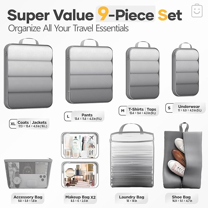 Veken 9/11 Set Compression Packing Cubes for Travel Essentials,Compressible Expandable Large Luggage Suitcase Organizer Bags 