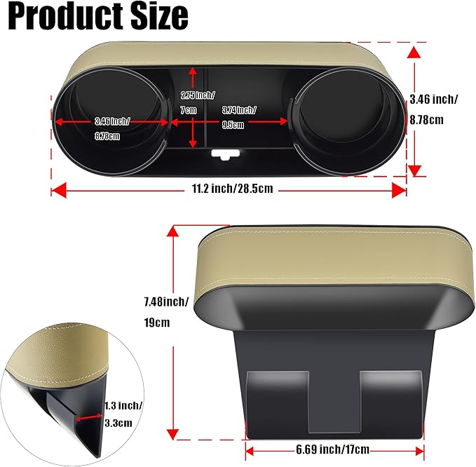 IOKONE Car Cup Holder, Auto Front Seat Organizer, Multifunctional Cup Drink Holders with PU Leather Cover, Gap Filler Storage Box Coin Bucket Console Side Pocket Cell Mobile Phone Holder(Slim-Beige)