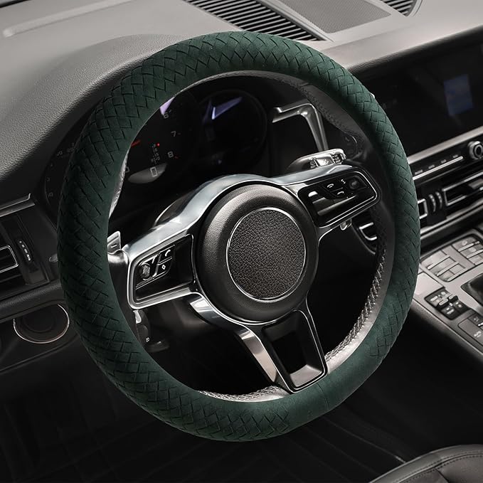 Suede Steering Wheel Cover with Upgraded Silicone Inner Ring, Breathable, Anti-Slip, Leather Universal 14.5 to 15 Inch Steeri