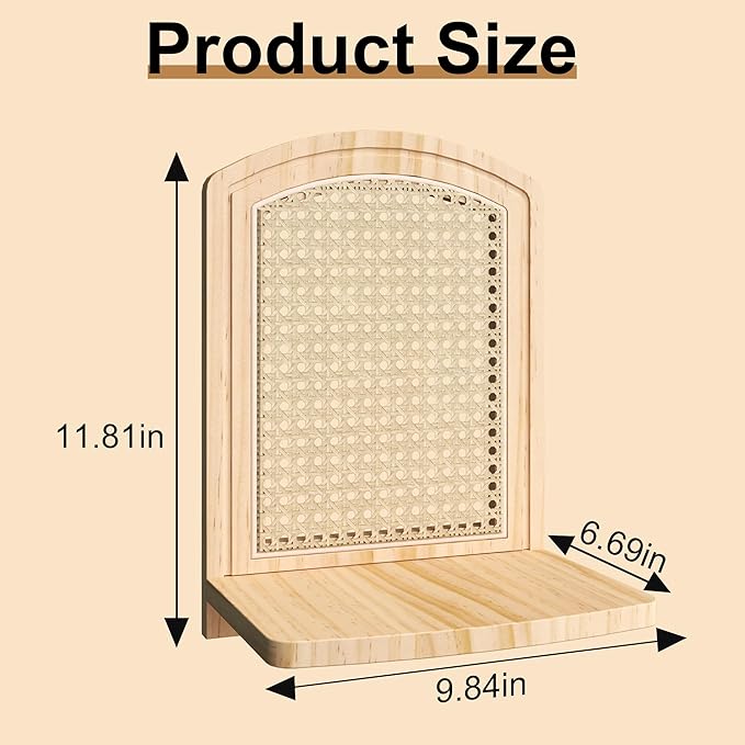 Rattan Shelf Set of 2, 9.8''Natural Wood Rattan Shelf with Wicker Decor, Boho Wall Decor Small Floating Shelves for Plant Fig