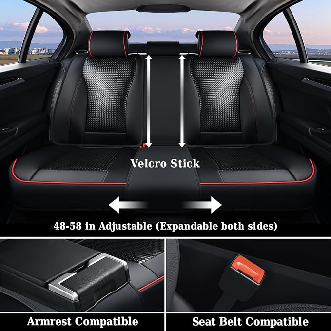 Coverado Car Seat Covers Full Set, Black Redline Seat Covers for Cars, Waterproof Nappa Leather Automotive Seat Covers with L
