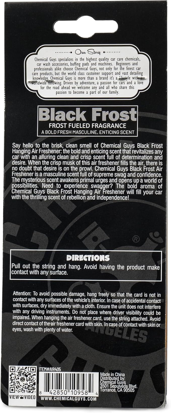 Chemical Guys Hanging Air Freshener, Black Frost Scent 6 Pack, Great for Cars, Trucks, SUVs, RVs, Home, Garage, Workspace, Do