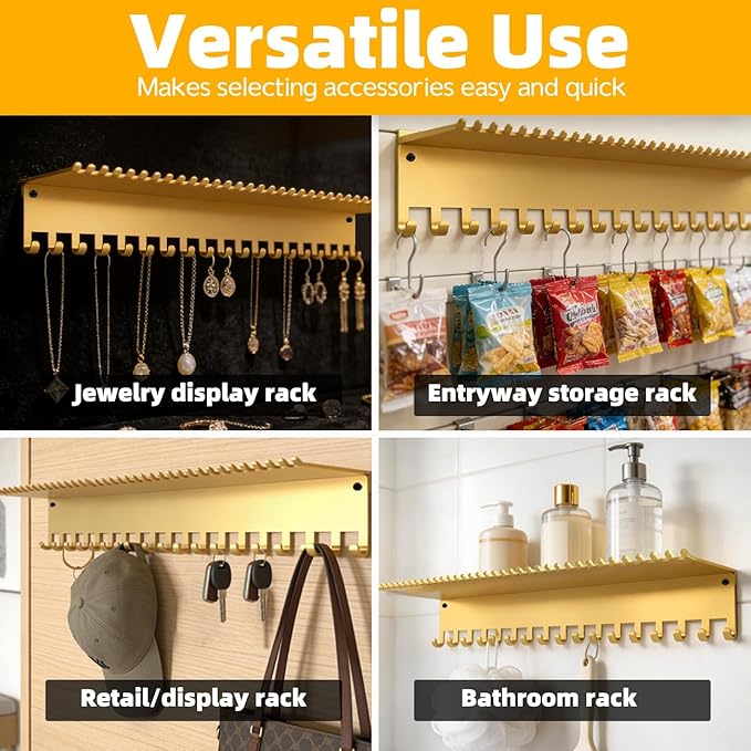 Necklace Jewelry Holder Wall Hanging Organizer Hangers Storage Mounted Shelf with 56 Hooks Tray Display Girls Women Metal Doo