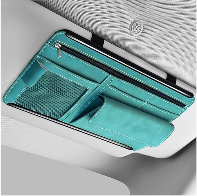 Car Sun Visor Organizer, Leather Sun Visor Pocket Organizer Case with Multi-Pocket Net Zipper, Suede Note Holder Car Visor Storage Pouch for Card Pen Sunglasses Document (Blue)