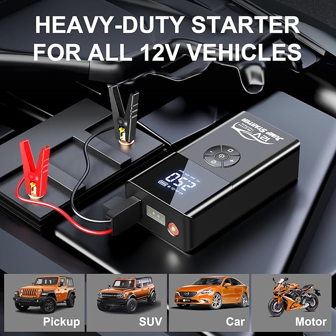 Jump Starter with Air Compressor, 8000A 180PSI, Portable Car Battery Jump Starter (All Gas/12L Diesel) 12V Automobile Jump