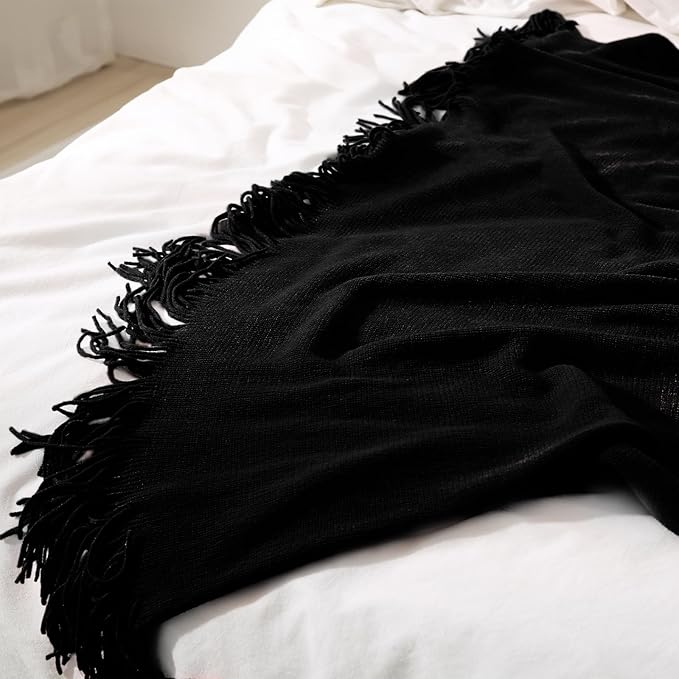 Homiest Decorative Knitted Throw with Fringe, Lightweight Acrylic Knit, Soft Tassel for Couch, Sofa, Bed (Black, 50 x 60 Inch