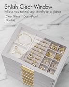Vlando 6 Layer Jewelry Box for Women, Glass Lid Jewelry Organizer with 6 Drawers for Necklaces Rings Earrings Bracelets - Gre