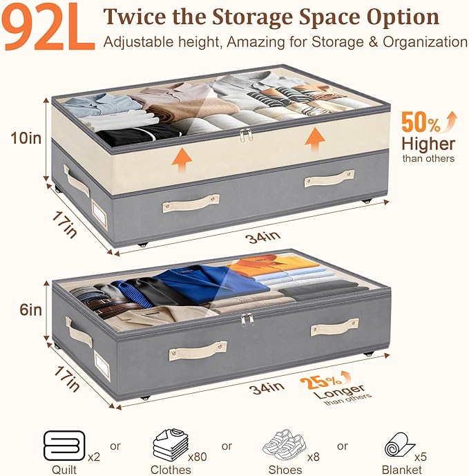 Dolicer 4 Pack 92L Under Bed Storage with Wheels, 6in-10in Height Adjustable Underbed Storage Containers (Grey & Green)