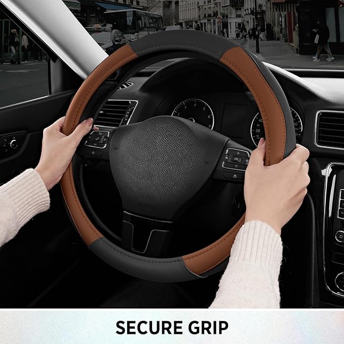 Road Comforts Leather Steering Wheel Cover with Decorative Trim and Piping, Anti-Slip Breathable Design, Fits 14.5–15 Inch Ro
