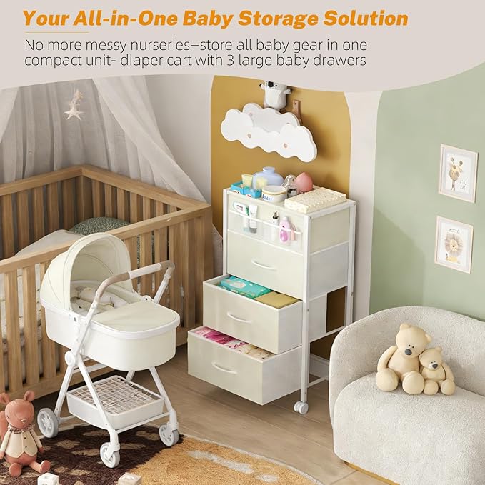 4-Tier Baby Diaper Caddy Organizer Cart with 3 Storage Drawers, Rolling Cart with Dividers & Side Pockets for Nursery, Baby E