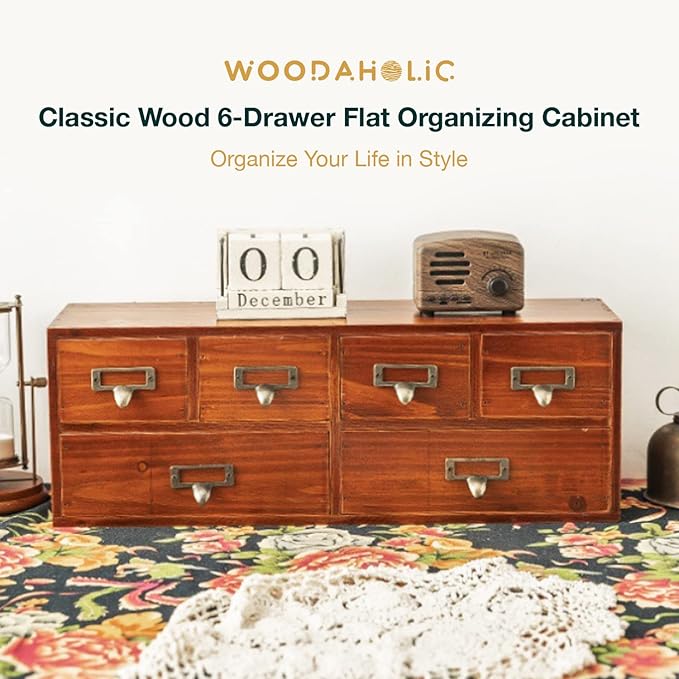 6-Drawer Vintage Desk Organizer Classic Brown Wood Storage Drawers for Tabletop - Slim Retro Style Desktop Organizing Cabinet