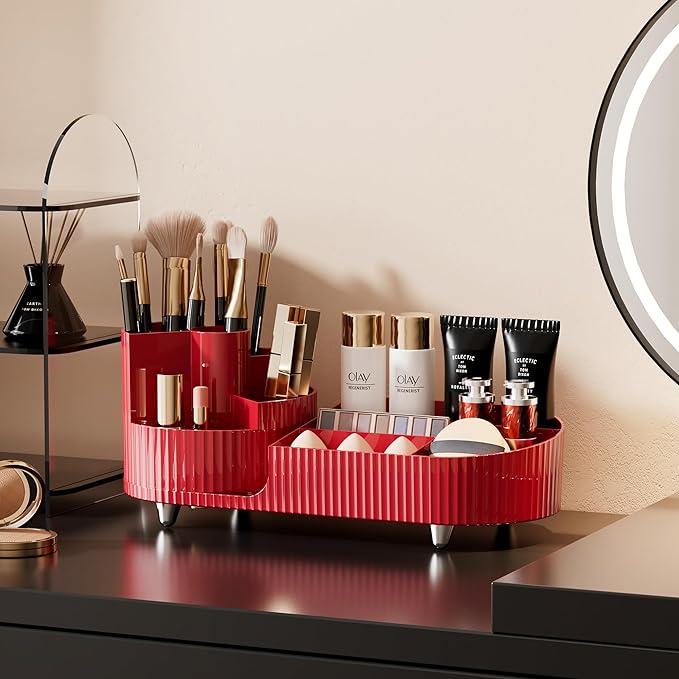 Rotating Makeup Organizer for Vanity with Brush Holder, Cosmetic Makeup Storage Organizer, Large Spinning Makeup Skincare Org