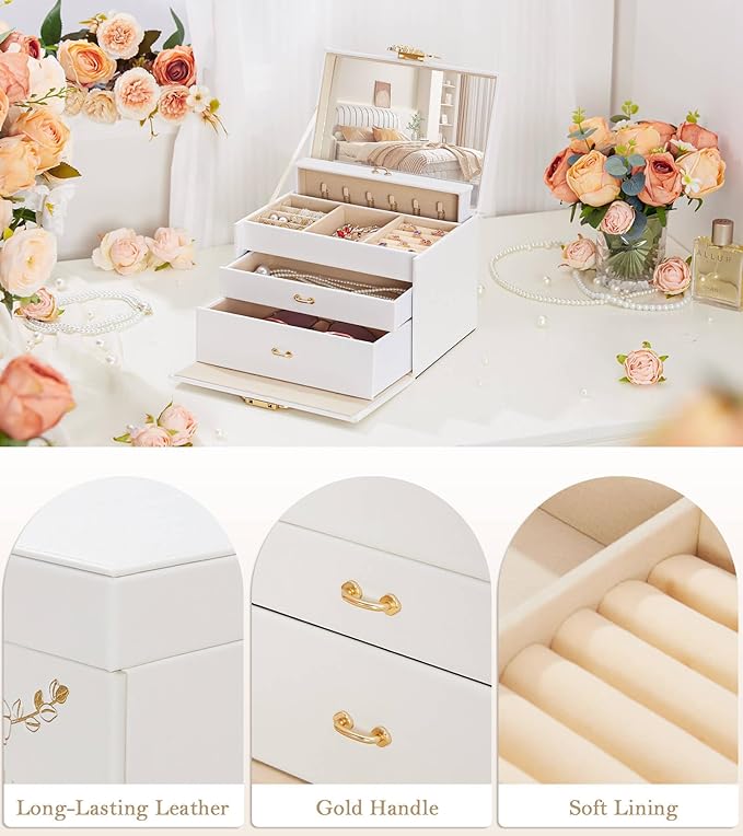 Enthralite Jewelry Box with Lock for Girls: Jewelry Organizer for Dresser - 3-Drawer Earrings Storage Girls Women Gift (White