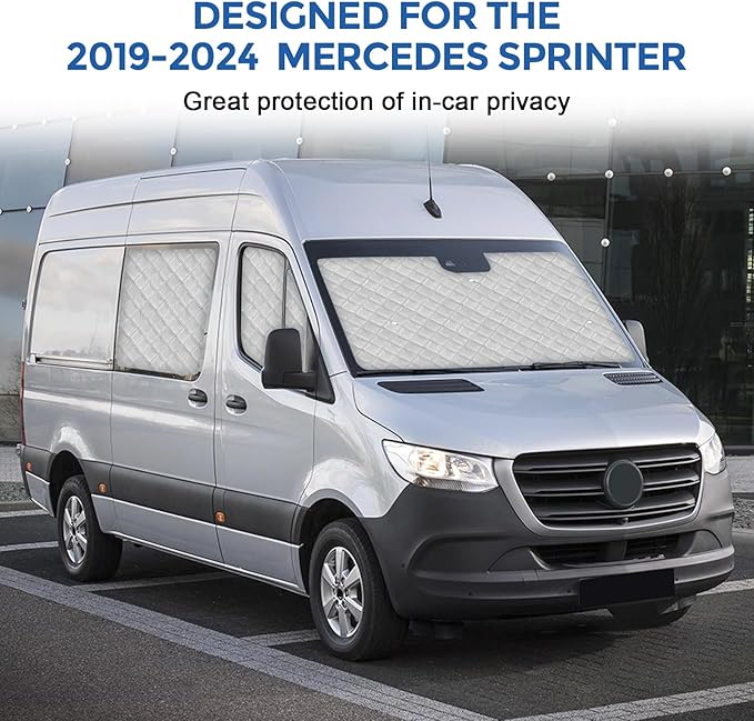 Mercedes Sprinter Sun Shade 7-Piece Set 2019-2023 | Full Cabin Thermal Insulation Kit for LWB Vans | UV Blocker + Privacy Covers (Front/Rear/Side Windows)