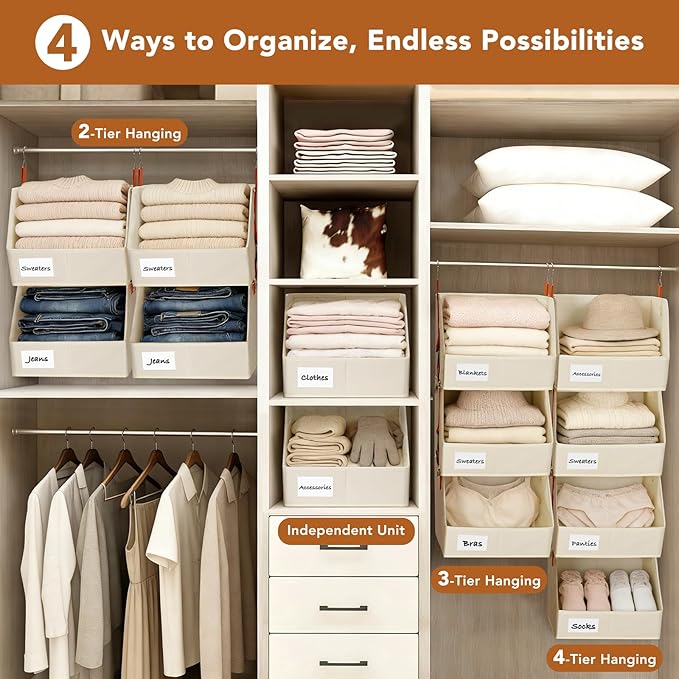 4 Pcs Modular Closet Organizer - Detachable & Foldable Hanging Storage Cubes, 88L Total Capacity, Heavy Duty Fabric Shelves f