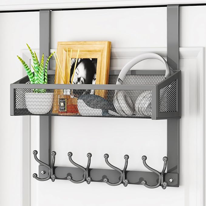 HapiRm Over The Door Hooks - Easy Installation Door Hanger with Basket and 16 Hooks, 304 Stainless Steel Storage Organizer fo