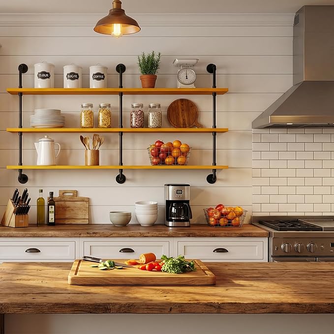Industrial Pipe Wall Shelves - 60" Rustic Natural Oak Solid Wood, 9.85" Deep Floating Shelving for Farmhouse Rustic Decor, St