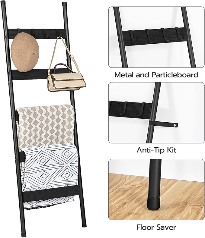 HOOBRO Blanket Ladder, 5-Tier Towel Rack with Hooks, Wall-Leaning Blanket Rack, Decorative Display Ladder Shelf, Scarves, Ind