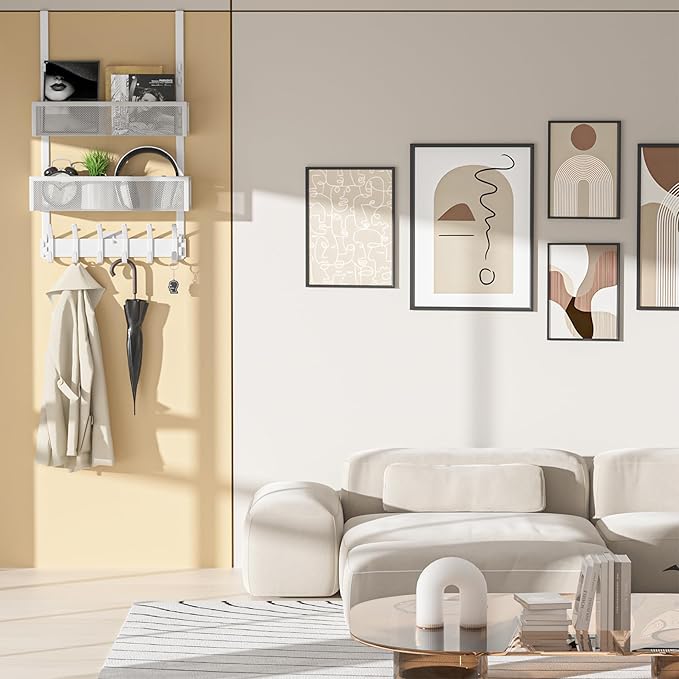 LUCYCAZ Adjustable Over The Door Hooks Organizer, Hanger Storage with 10 Coat Hooks & 2 Mesh Basket, Over The Door Towel Rack