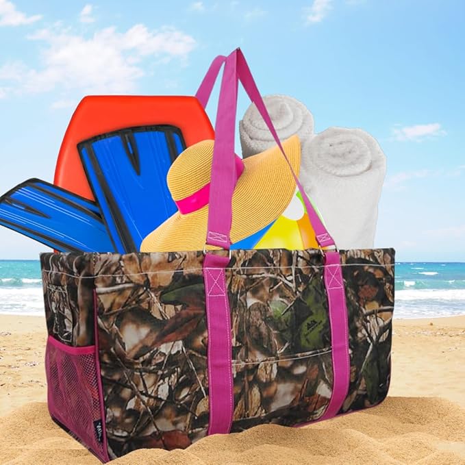 NGIL Extra Large Utility Tote Reusable Grocery Bag Oversized Collapsible for Groceries, Storage, Picnic, Beach (Camo-hot Pink)