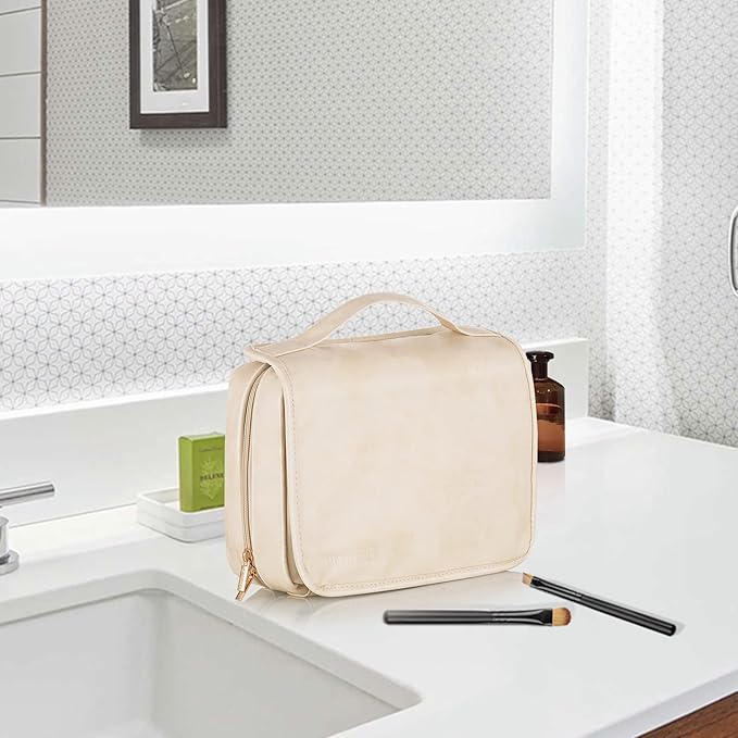 Elviros Hanging Travel Toiletry Bag for Women, 3-in-1 Large Makeup Bag and Cosmetic Organizer, Vegan Leather Waterproof Skinc
