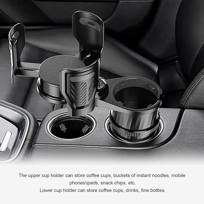 Dual Car Cup Holder Expander, 2 in 1 Multifunctional Auto Drink Adapter with Adjustable Base, 360 Degrees Rotating Cupholder Extender with Compass, Universal Car Accessories