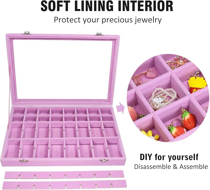 Vicoter Velvet Jewelry Tray 48 Compartments Jewelry Display Organizer with Transparent Cover Rings, Earrings, Necklaces, Pend