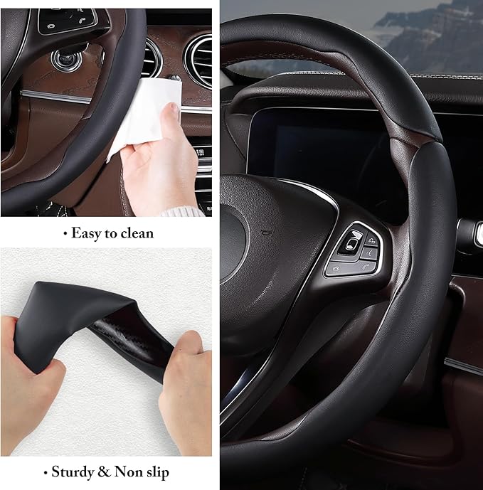Car Steering Wheel Cover Leather Snap On 3Pcs Set Non-Slip Protector Wrap Steering Wheel Accessories 14.5-15 inch Universal B