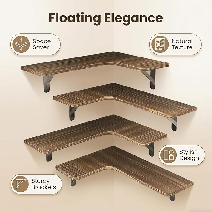 Corner Floating Shelves Wall Mounted Set of 4, Rustic Wood Corner Shelves for Bedroom Living Room Bathroom Kitchen Storage an