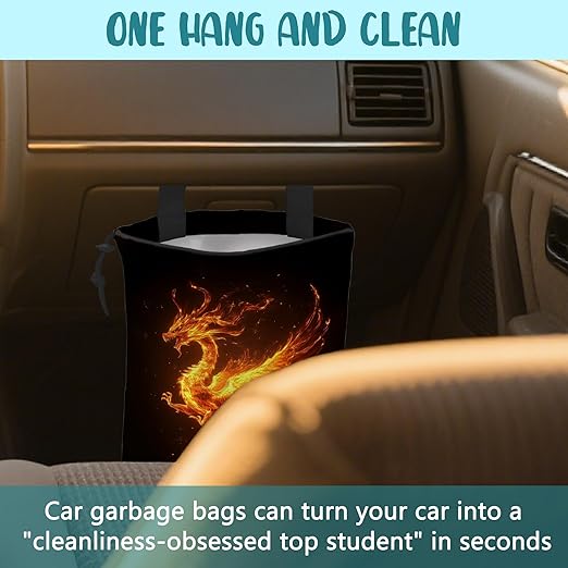 Car Trash Bag Dragon Fire Leak-Proof Car Garbage Bag with Drawstring Foldable Canvas Trash Bin with Adjustable Buckle for Car Accessories, Travelling, Camping