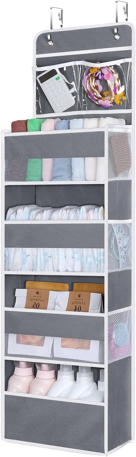 Univivi Over The Door Organizer, 5 Shelf Door Hanging Organizer Nursery Door Storage with 4 Large Compartments and 2 Small PV