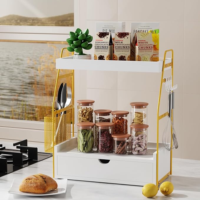 2 Tier Bathroom Counter Organizer with Drawer & Basket, Wooden Vanity Tray Countertop Shelf Accessories for Makeup Storage, C