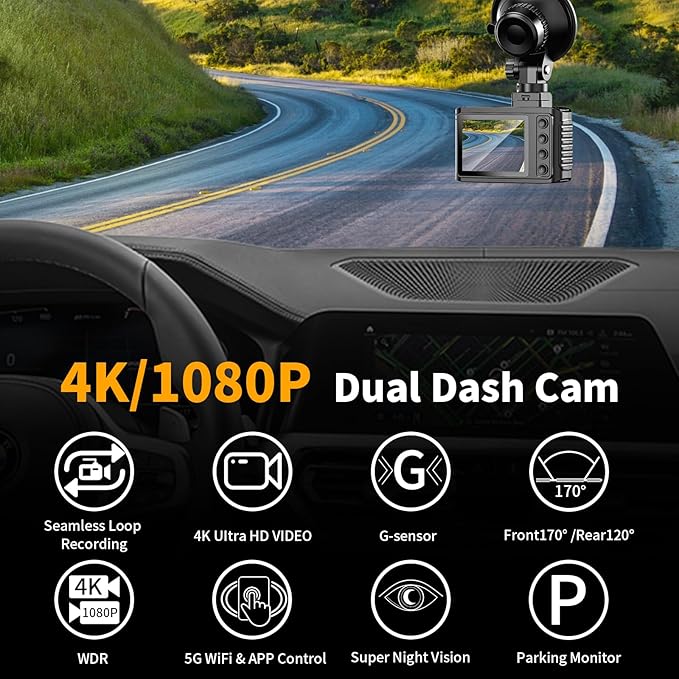 Dash Cam Front and Rear: 4K Dual Channel Dash Cam - 5GHz WiFi, Dash Camera for Cars with 64GB Card, 2" IPS, App Control, G-Se