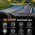 Dash Cam Front and Rear: 4K Dual Channel Dash Cam - 5GHz WiFi, Dash Camera for Cars with 64GB Card, 2" IPS, App Control, G-Se